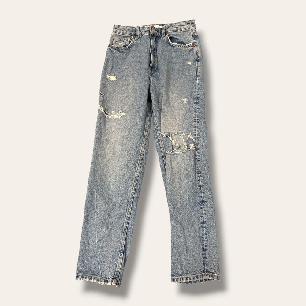 ZARA Jeans Womens 6 High Rise Light Wash Distressed Straight Leg Denim - Picture 2 of 8